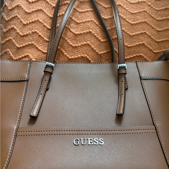 Guess Handbags - GUESS Tan Saffiano Tote with Silver Logo